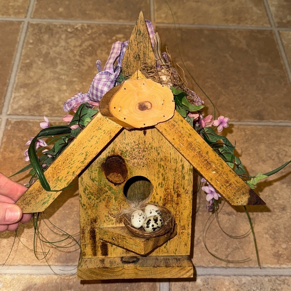 [SALE]Rustic Wooden Birdhouse with Floral Accents Approx. 13” Tall